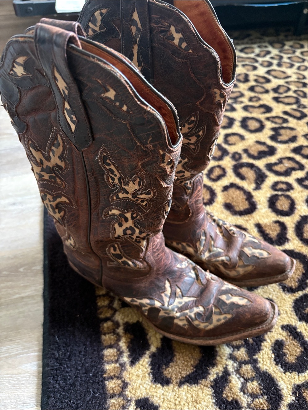 Johnny Ringo Brown Leather Western Heeled Boots with Leopard Inset